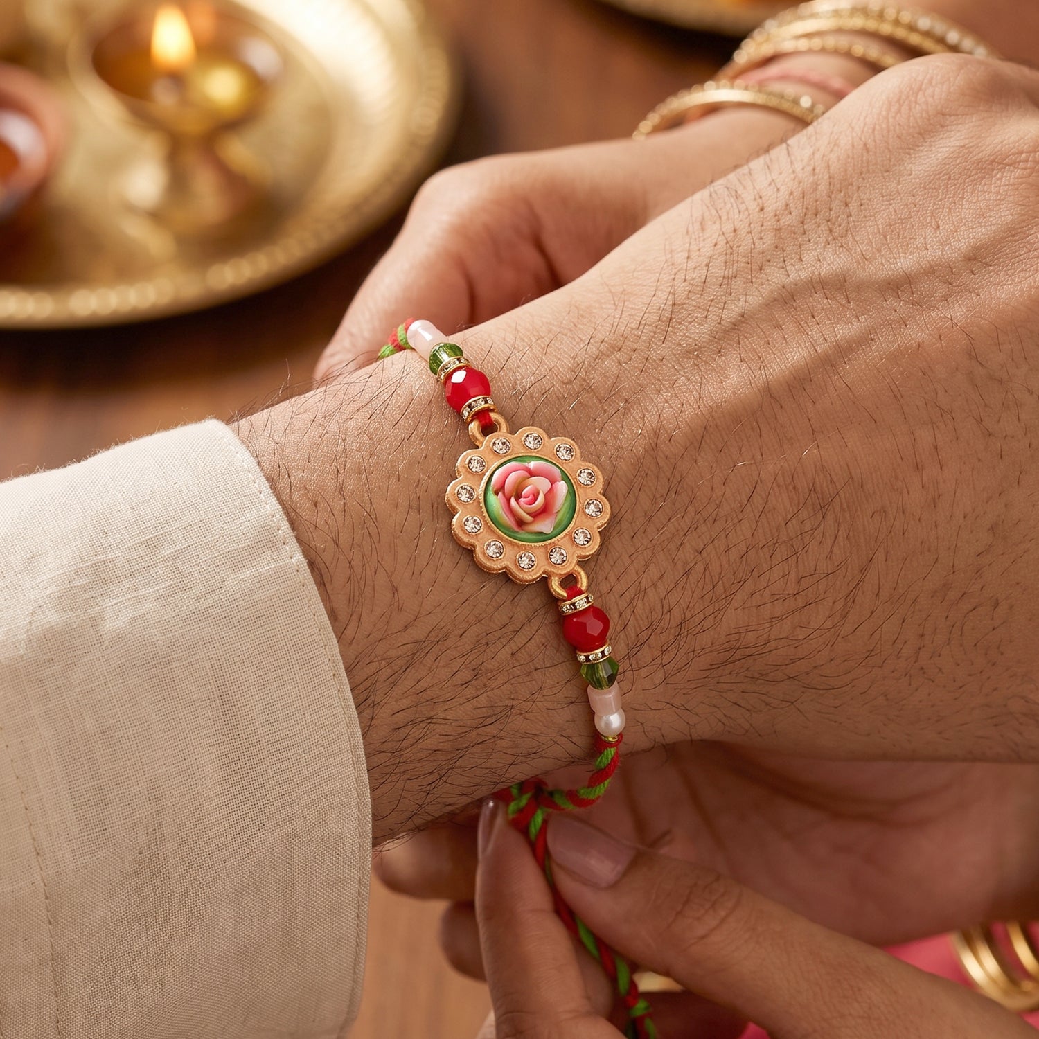 Premium Lumba Bhabhi Rakhi with Floral Pearl Festive Pair Set