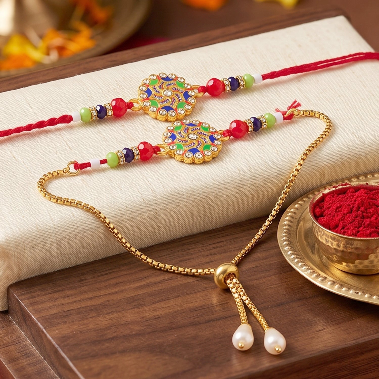 Premium Lumba Bhabhi Rakhi with Stone Beads Designer Pair Set