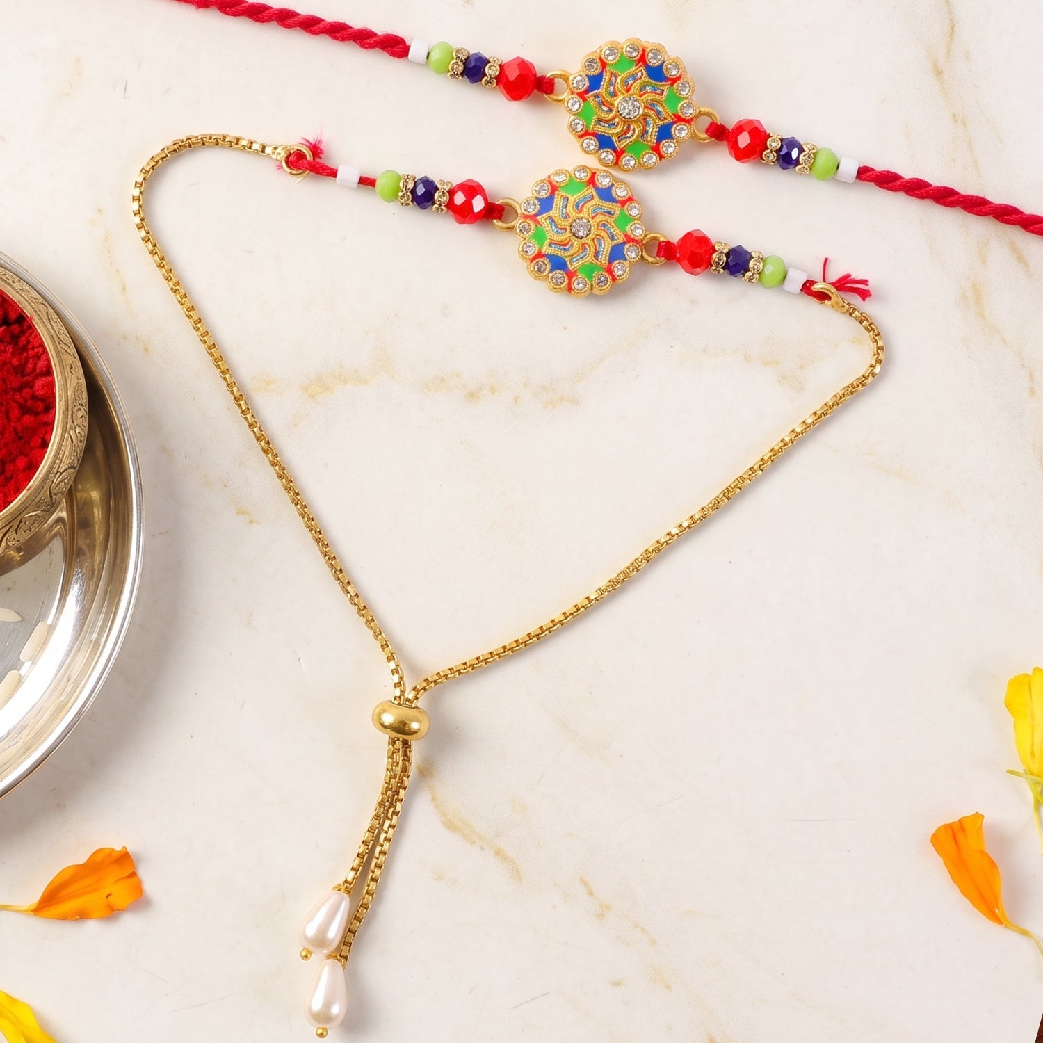 Premium Lumba Bhabhi Rakhi with Stone Beads Designer Pair Set
