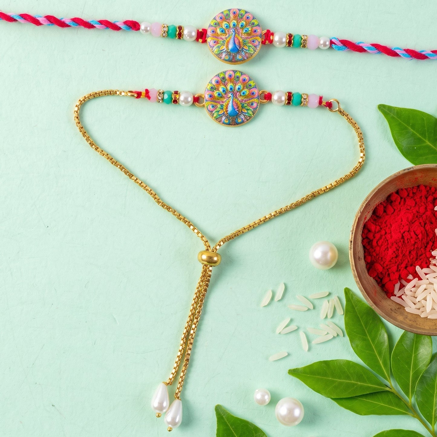 Premium Lumba Bhabhi Rakhi with Peacock Elegant Stone Festive Pair Set