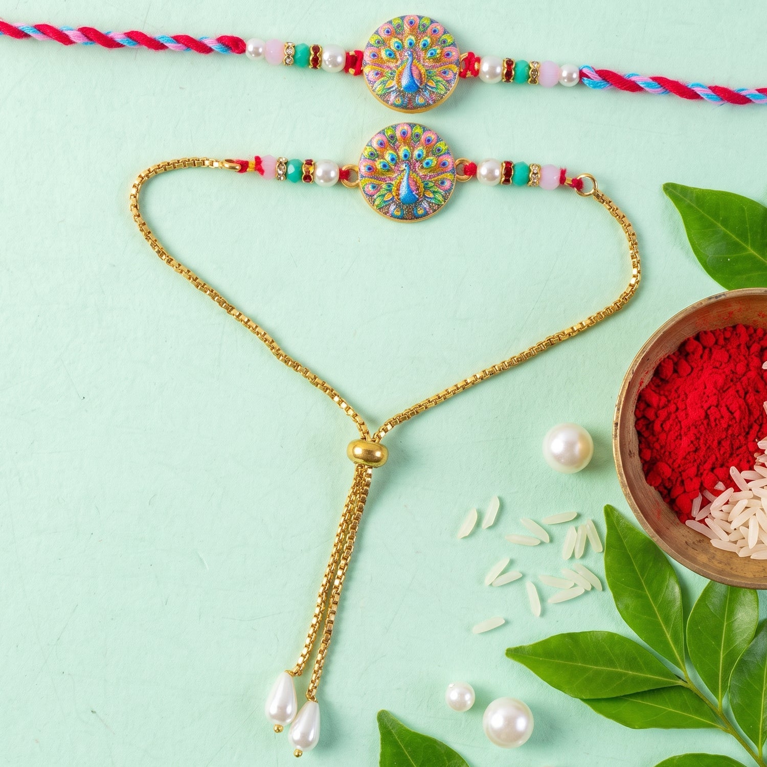 Premium Lumba Bhabhi Rakhi with Peacock Elegant Stone Festive Pair Set
