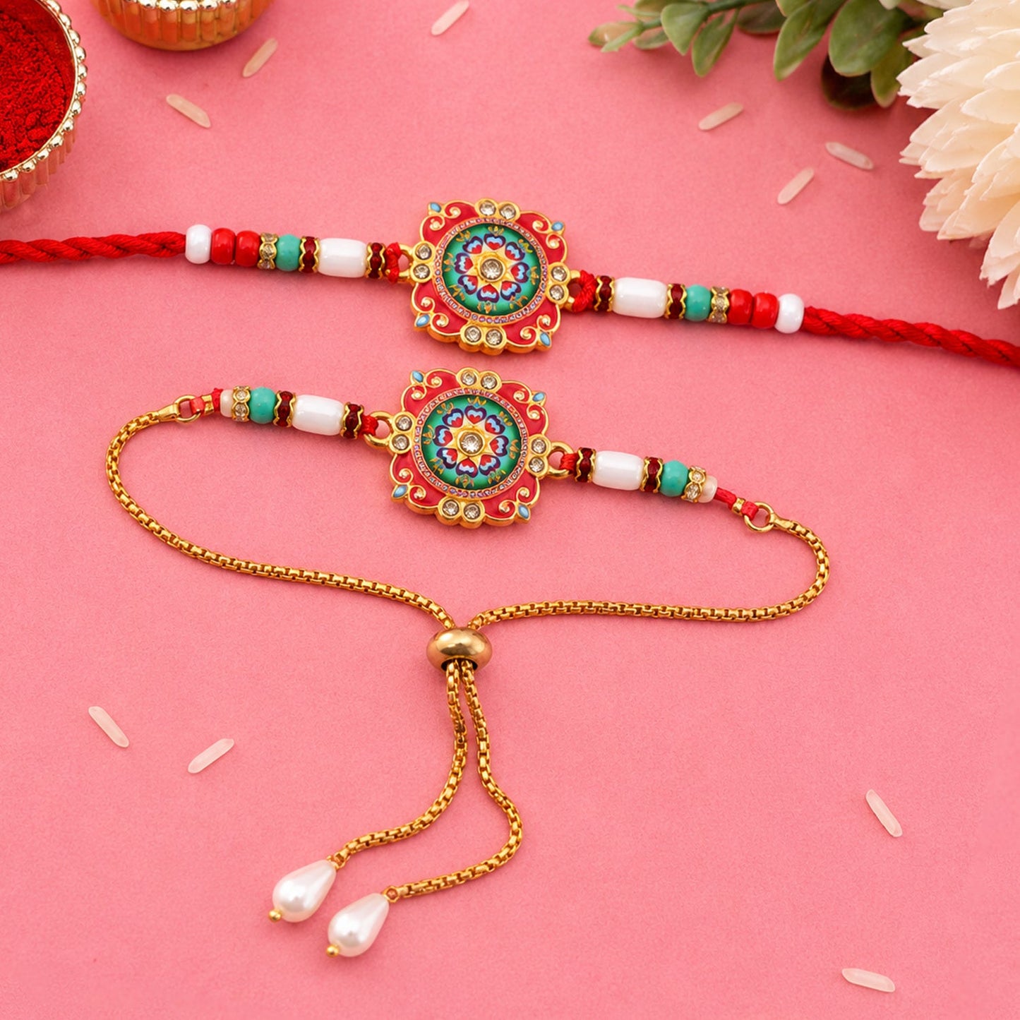 Premium Lumba Bhabhi Rakhi with Round Beads Traditional Pair Set