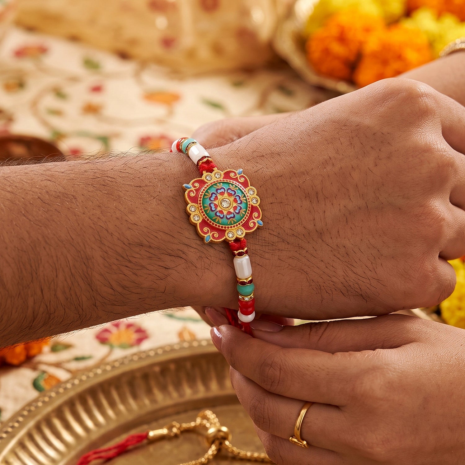 Premium Lumba Bhabhi Rakhi with Round Beads Traditional Pair Set