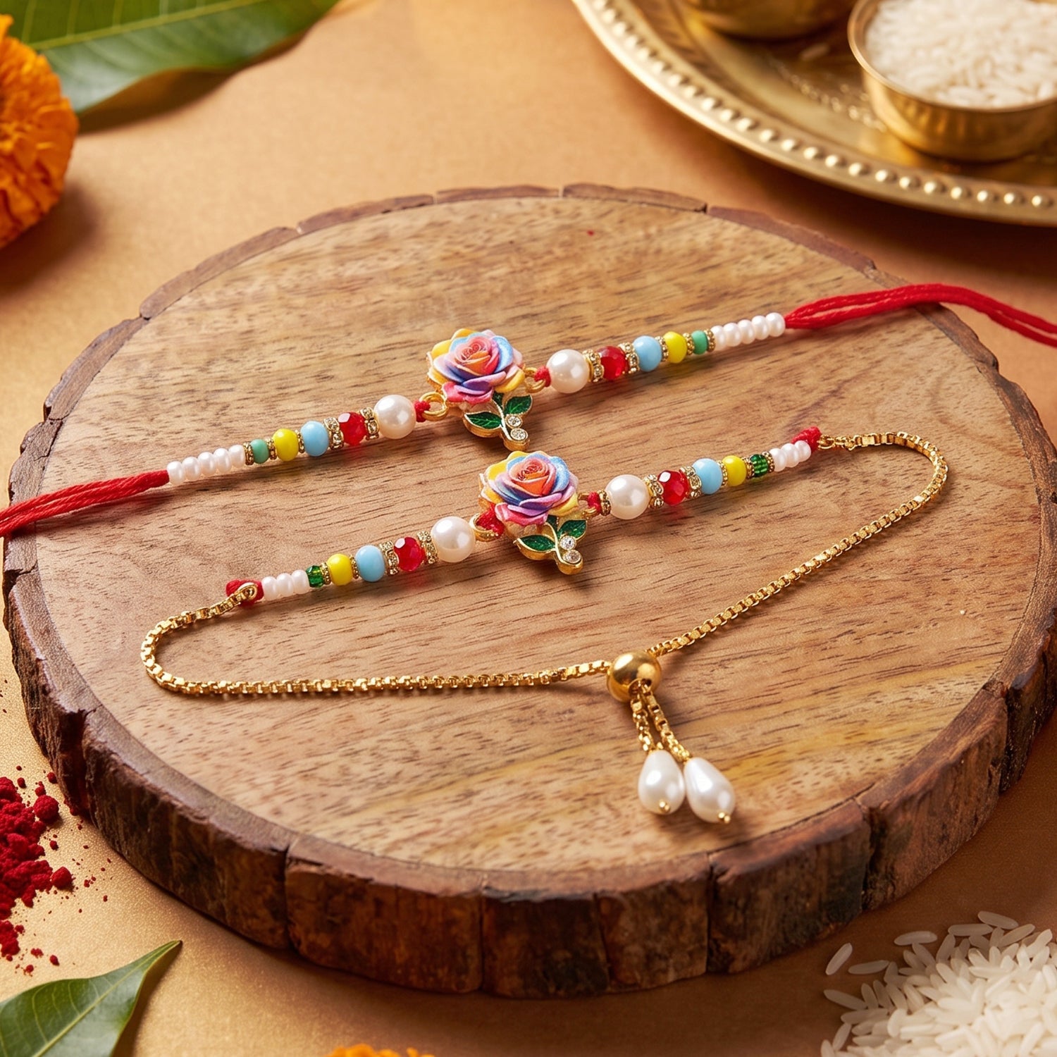 Premium Lumba Bhabhi Rakhi with Floral Charm Festive Pair Set