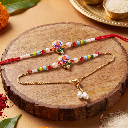 Premium Lumba Bhabhi Rakhi with Floral Charm Festive Pair Set