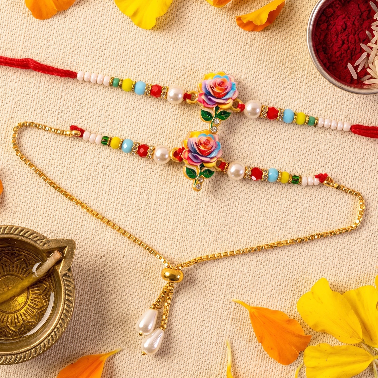 Premium Lumba Bhabhi Rakhi with Floral Charm Festive Pair Set