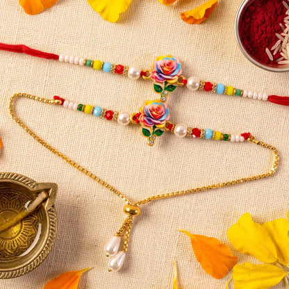 Premium Lumba Bhabhi Rakhi with Floral Charm Festive Pair Set