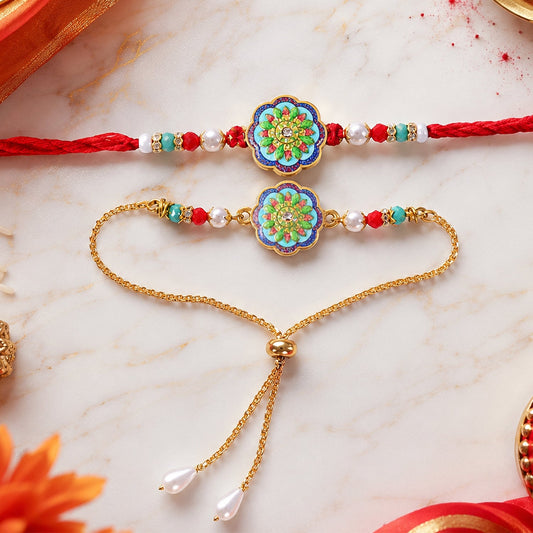 A red thread bracelet and a gold chain bracelet, both with a blue and green floral charm, pearls, and red and turquoise