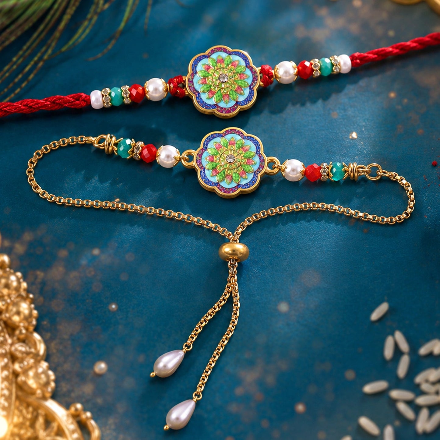 Premium Lumba Bhabhi Rakhi with Floral Stone Designer Pair Set