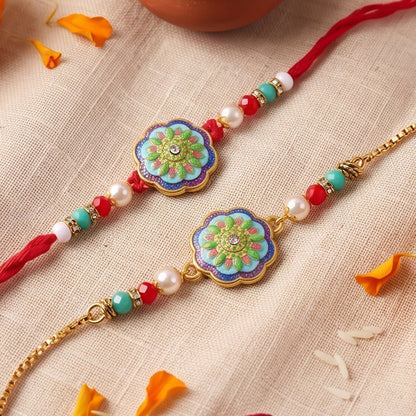 Premium Lumba Bhabhi Rakhi with Floral Stone Designer Pair Set