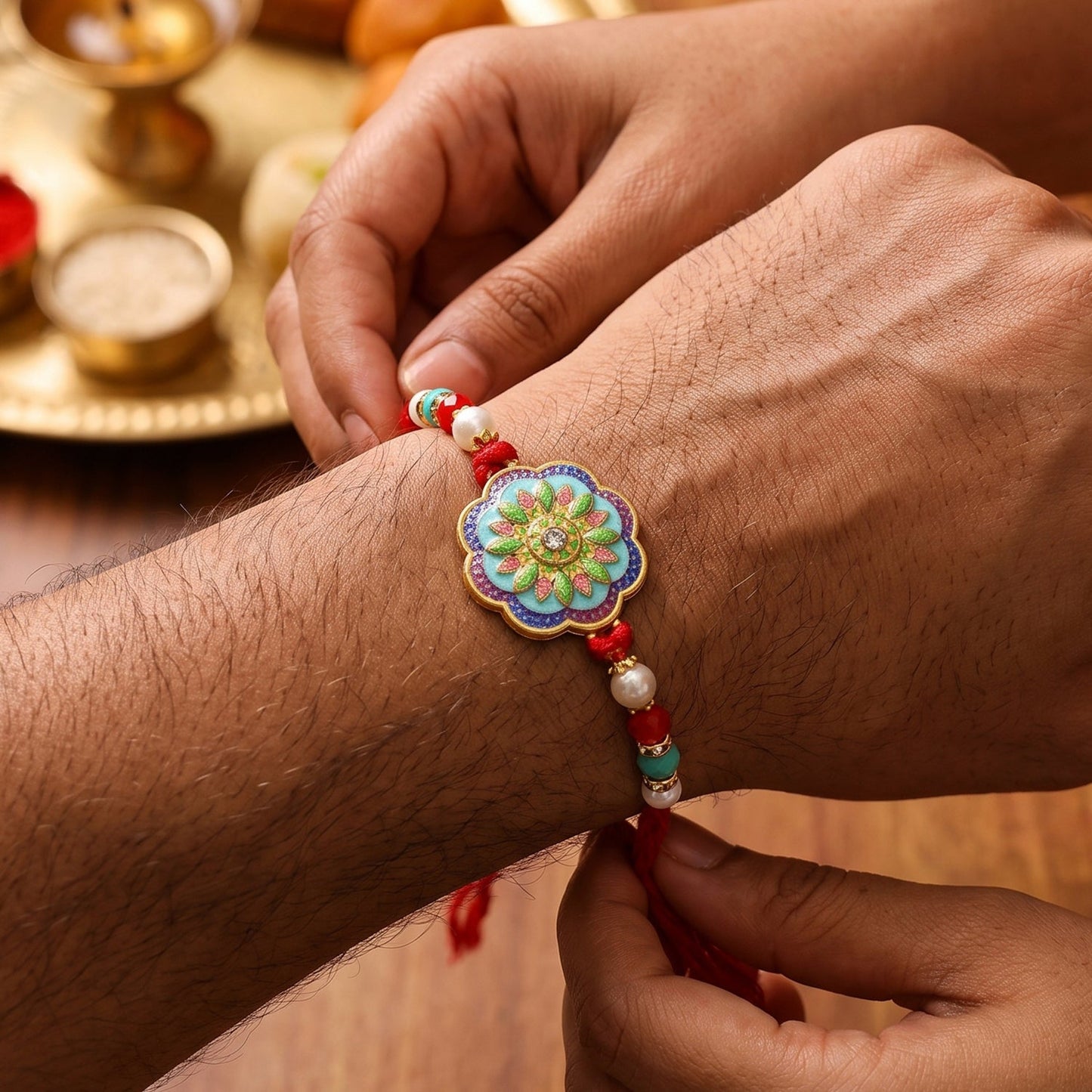 Premium Lumba Bhabhi Rakhi with Floral Stone Designer Pair Set