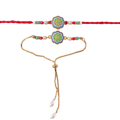Premium Lumba Bhabhi Rakhi with Floral Stone Designer Pair Set