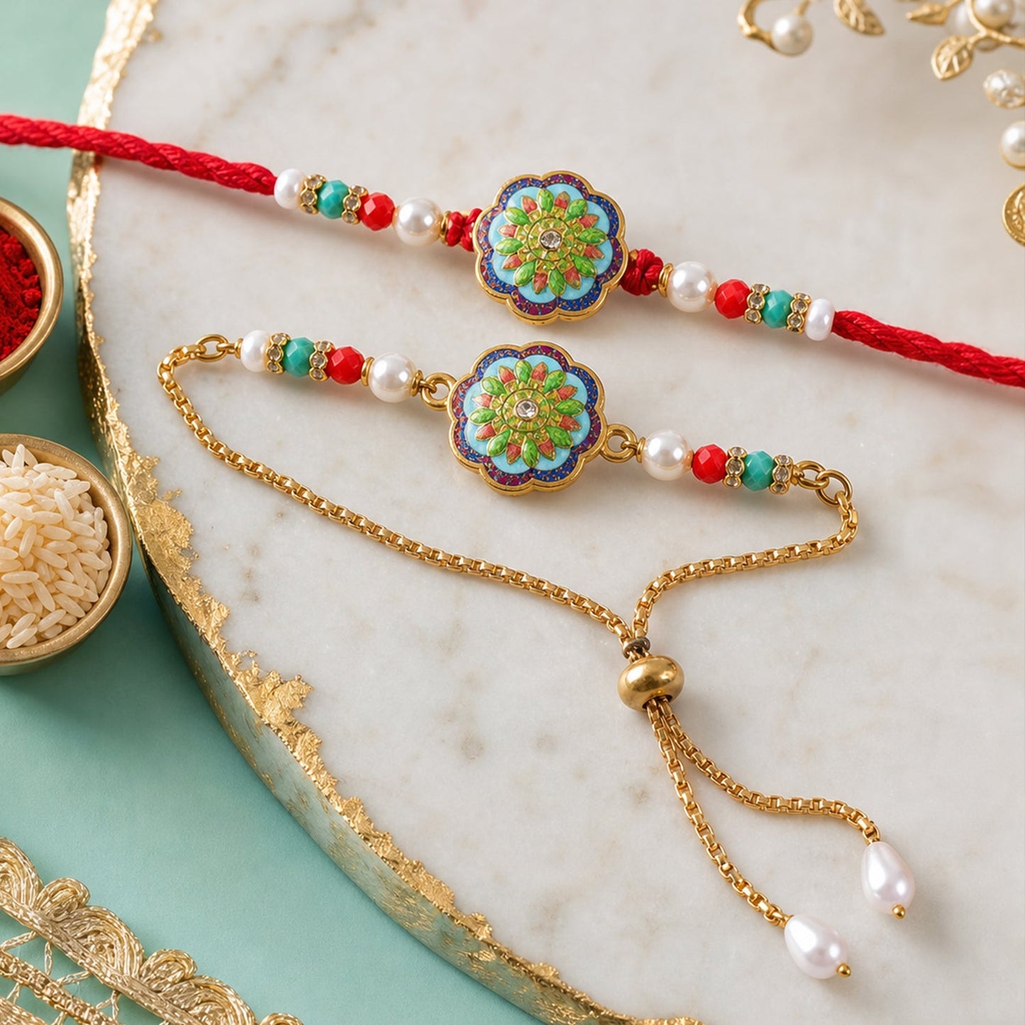 Premium Lumba Bhabhi Rakhi with Floral Stone Designer Pair Set