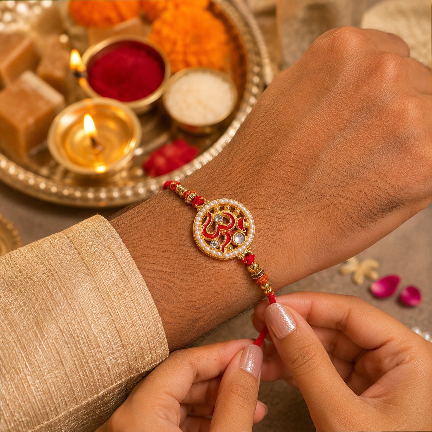 Om Pearl Kundan Beaded Sacred Motif Work Traditional Designer Rakhi