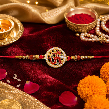 Om Pearl Kundan Beaded Sacred Motif Work Traditional Designer Rakhi