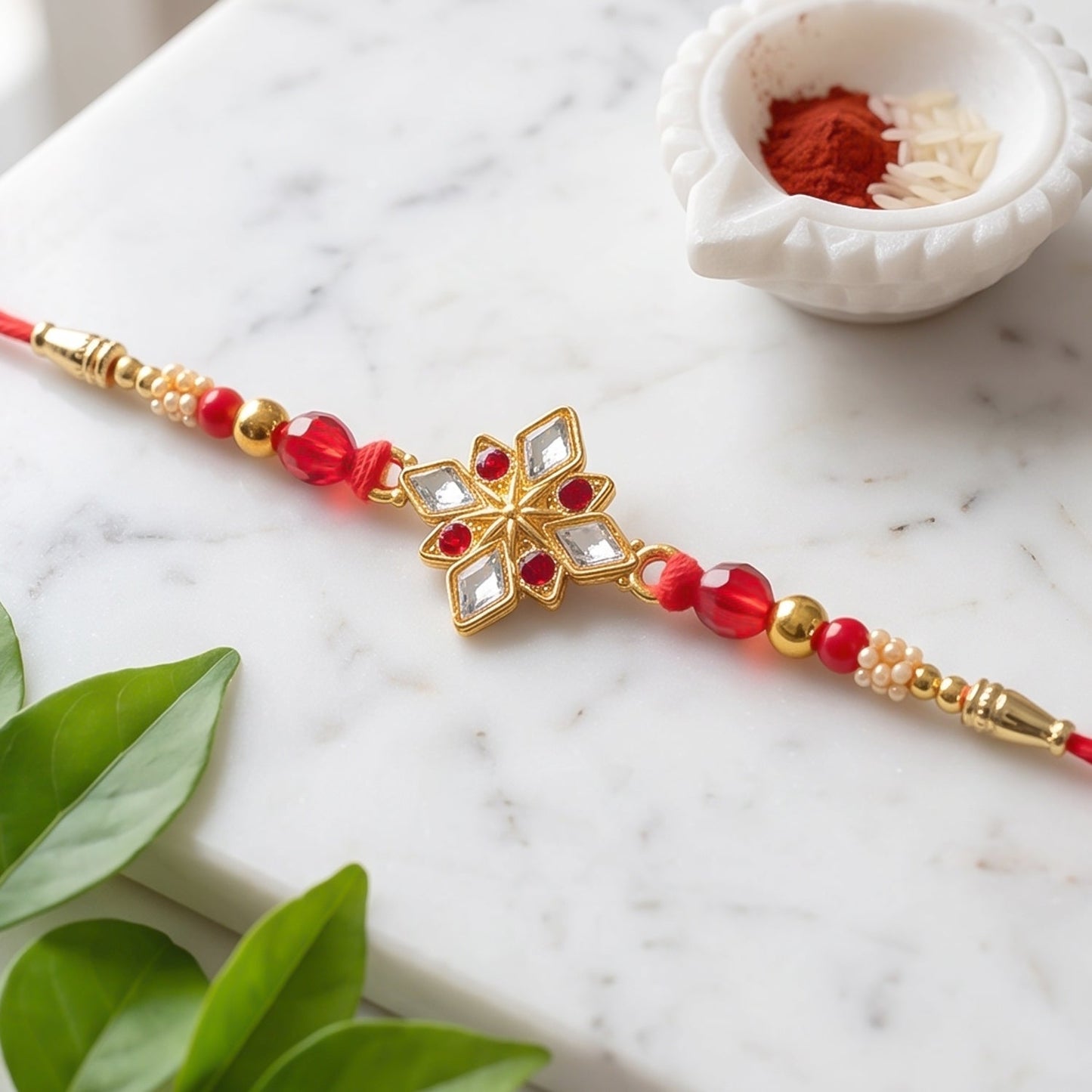 Designer Golden Ganesha Rakhi with Red & Green Beads for Brother | Raksha Bandhan Special