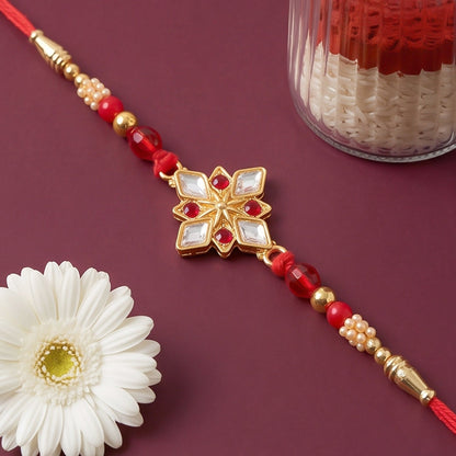 Designer Golden Ganesha Rakhi with Red & Green Beads for Brother | Raksha Bandhan Special