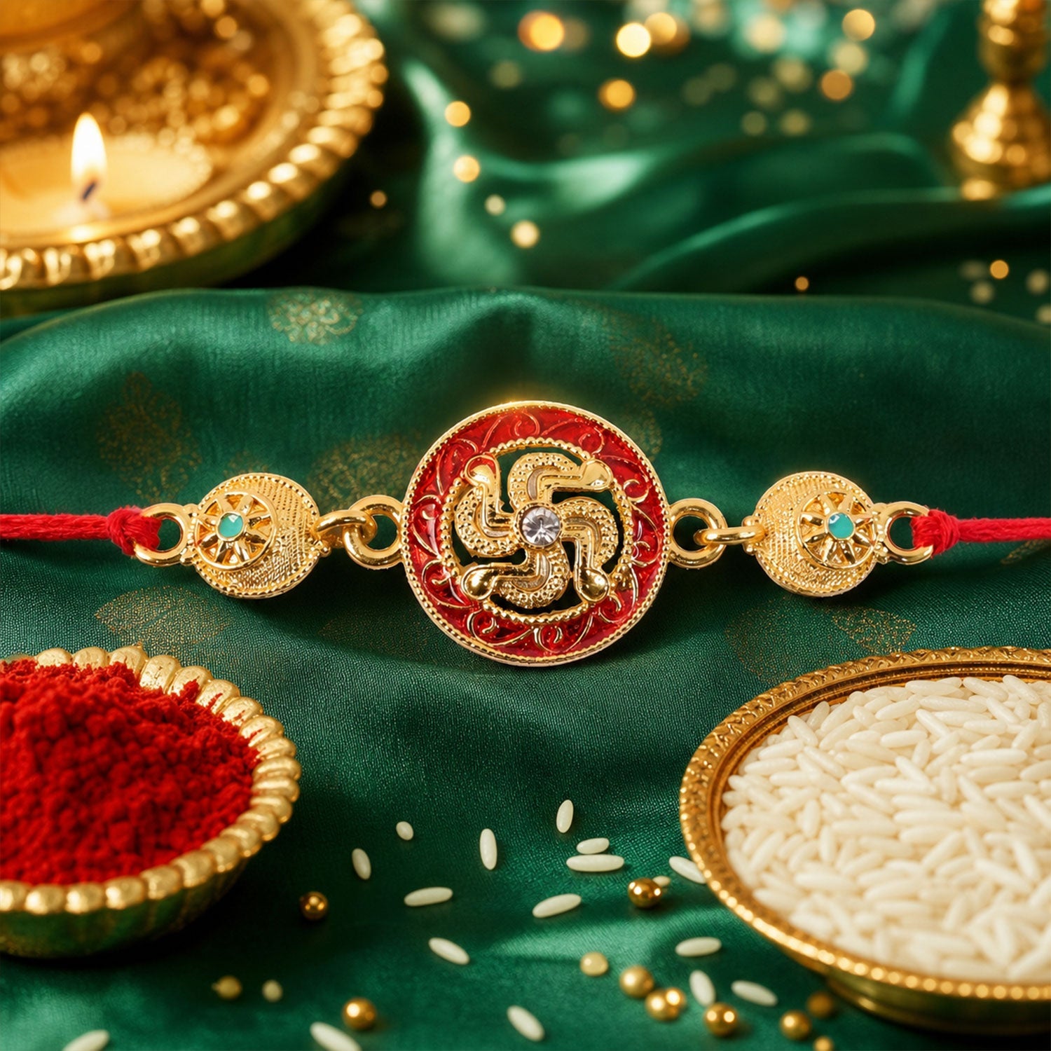 Traditional Swastik Rakhi with Golden Beads for Brother | Auspicious Rakhi