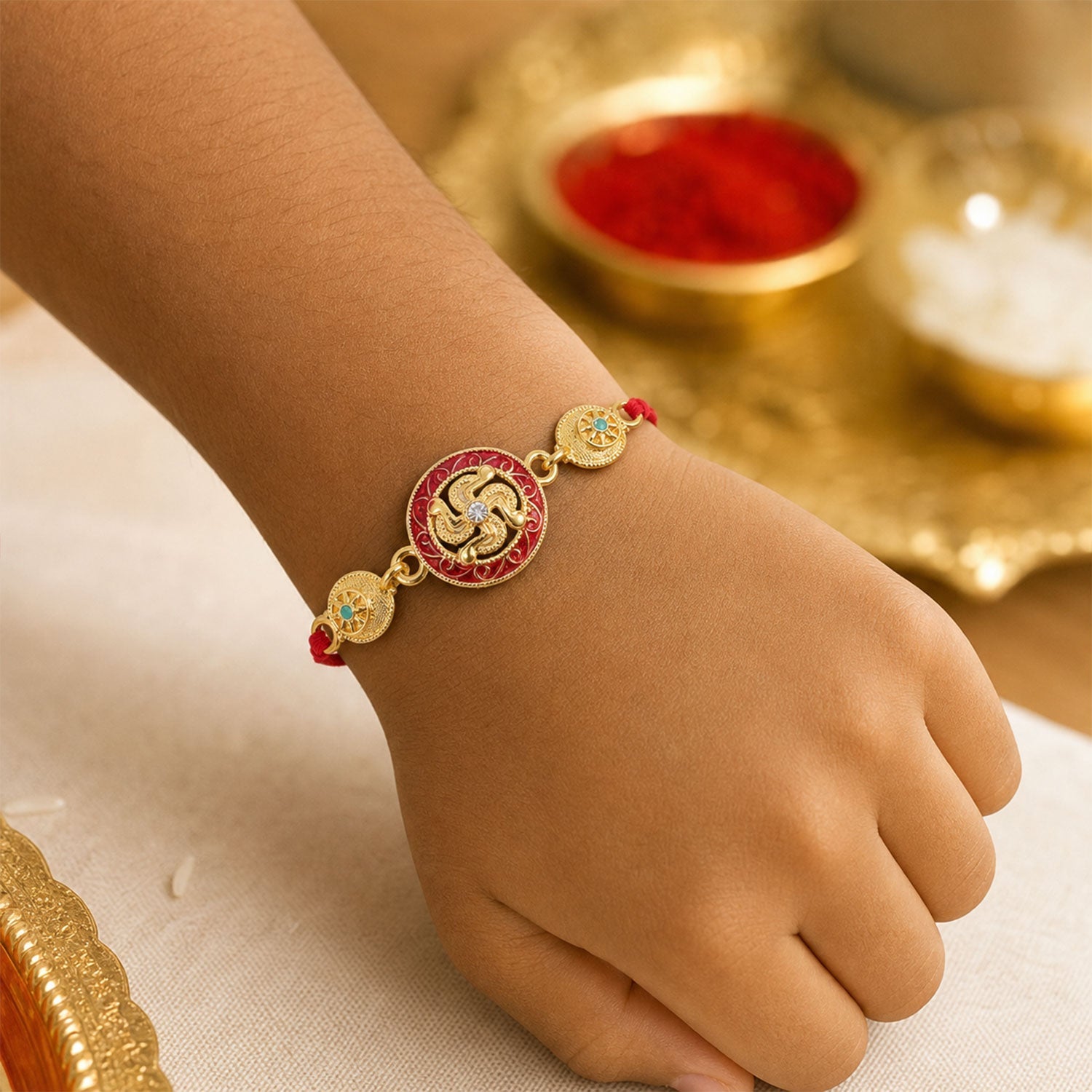 Traditional Swastik Rakhi with Golden Beads for Brother | Auspicious Rakhi
