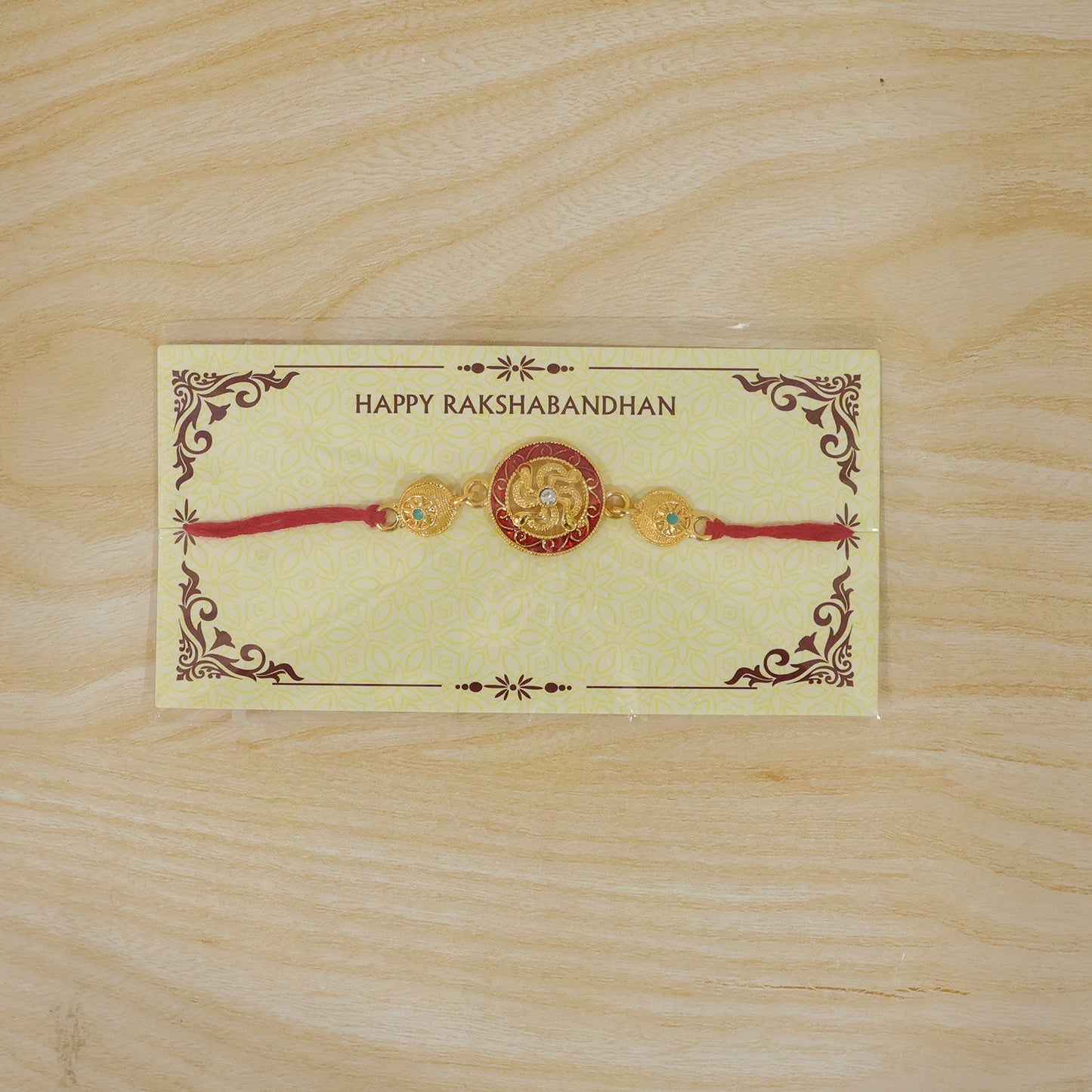 Traditional Swastik Rakhi with Golden Beads for Brother | Auspicious Rakhi