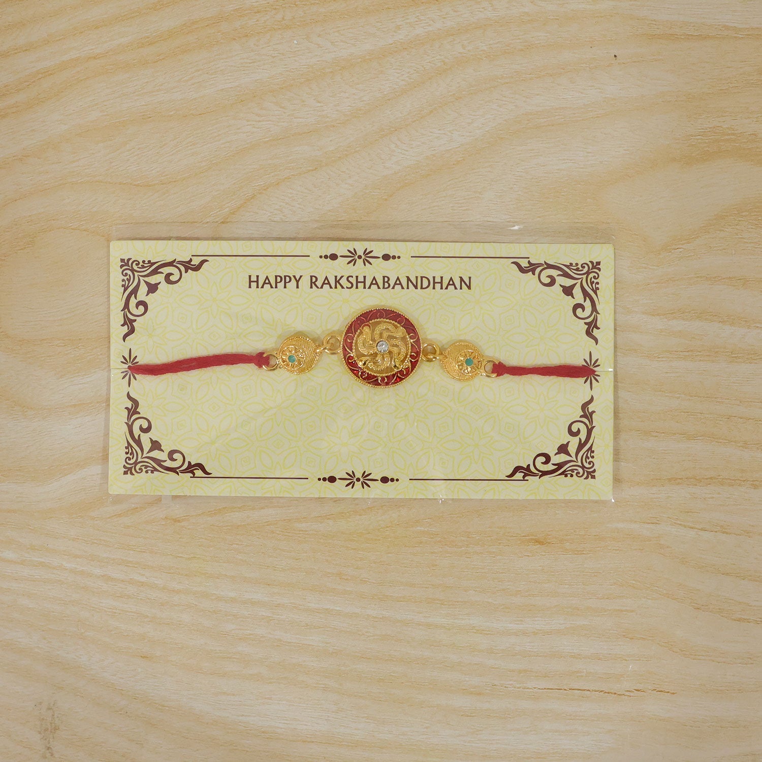 Traditional Swastik Rakhi with Golden Beads for Brother | Auspicious Rakhi