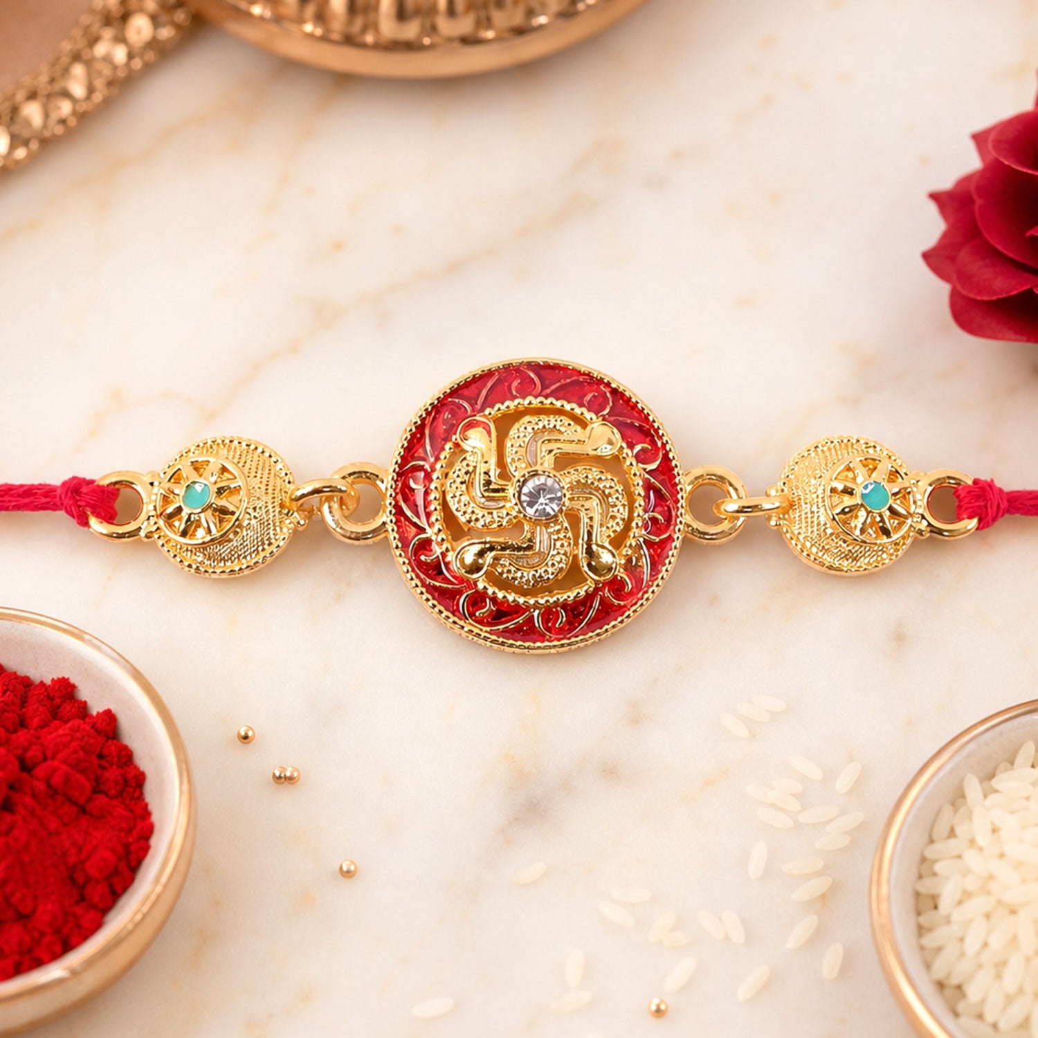 Traditional Swastik Rakhi with Golden Beads for Brother | Auspicious Rakhi