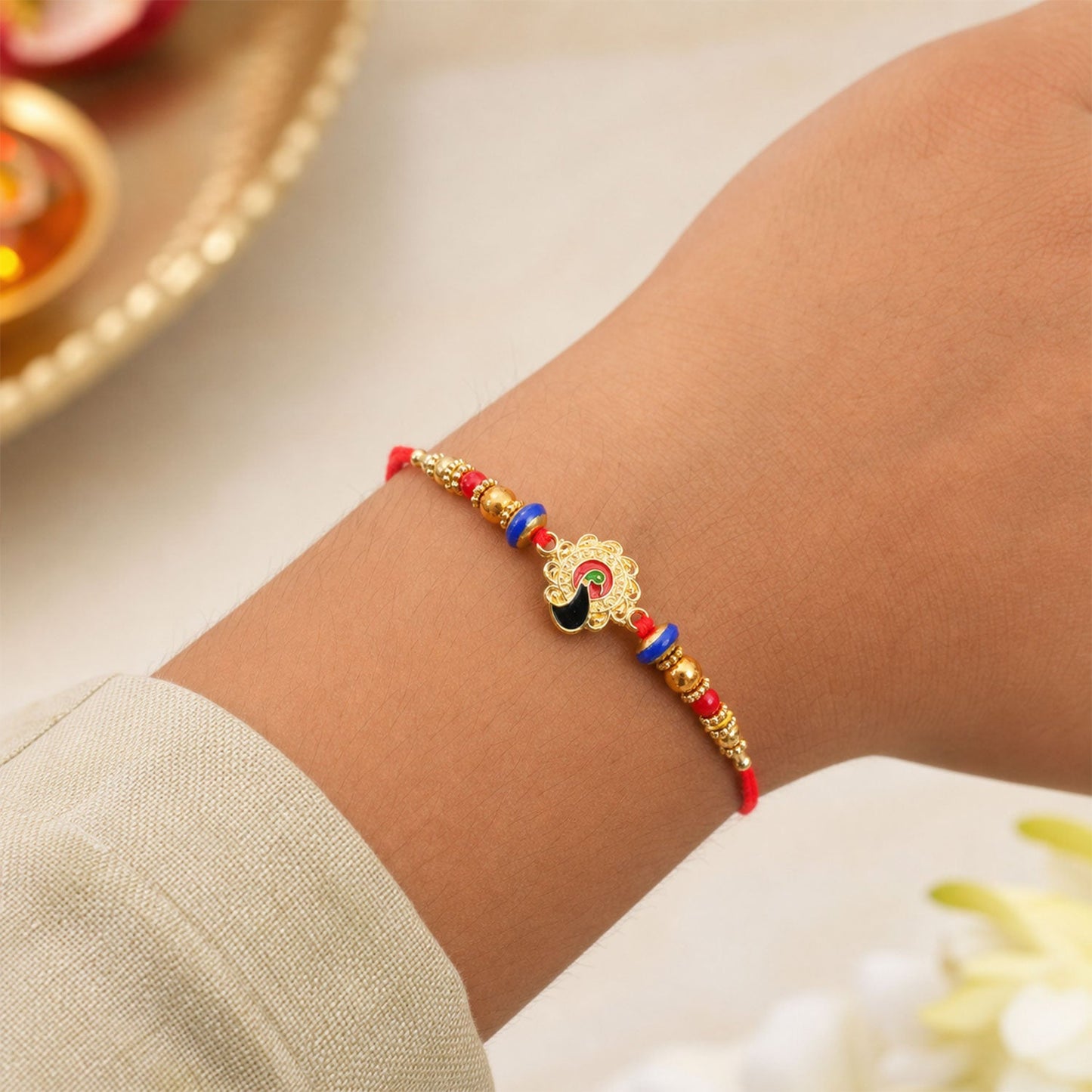 Elegant Golden Floral Rakhi with Stones for Brother | Premium Fancy Rakhi