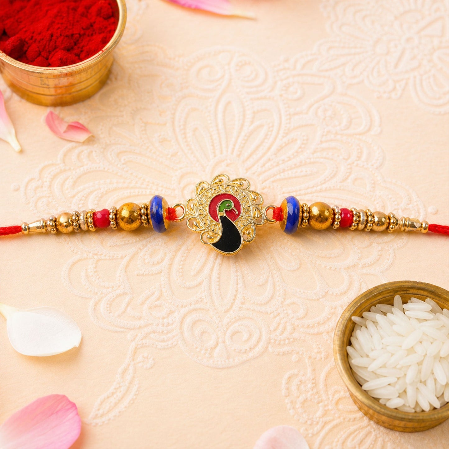Elegant Golden Floral Rakhi with Stones for Brother | Premium Fancy Rakhi
