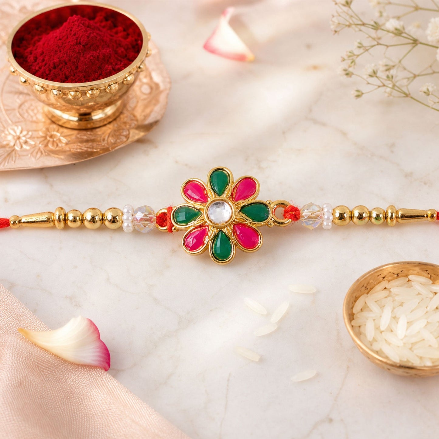 Traditional Red Thread Rakhi with Golden Round Motif for Brother | Classic Rakhi