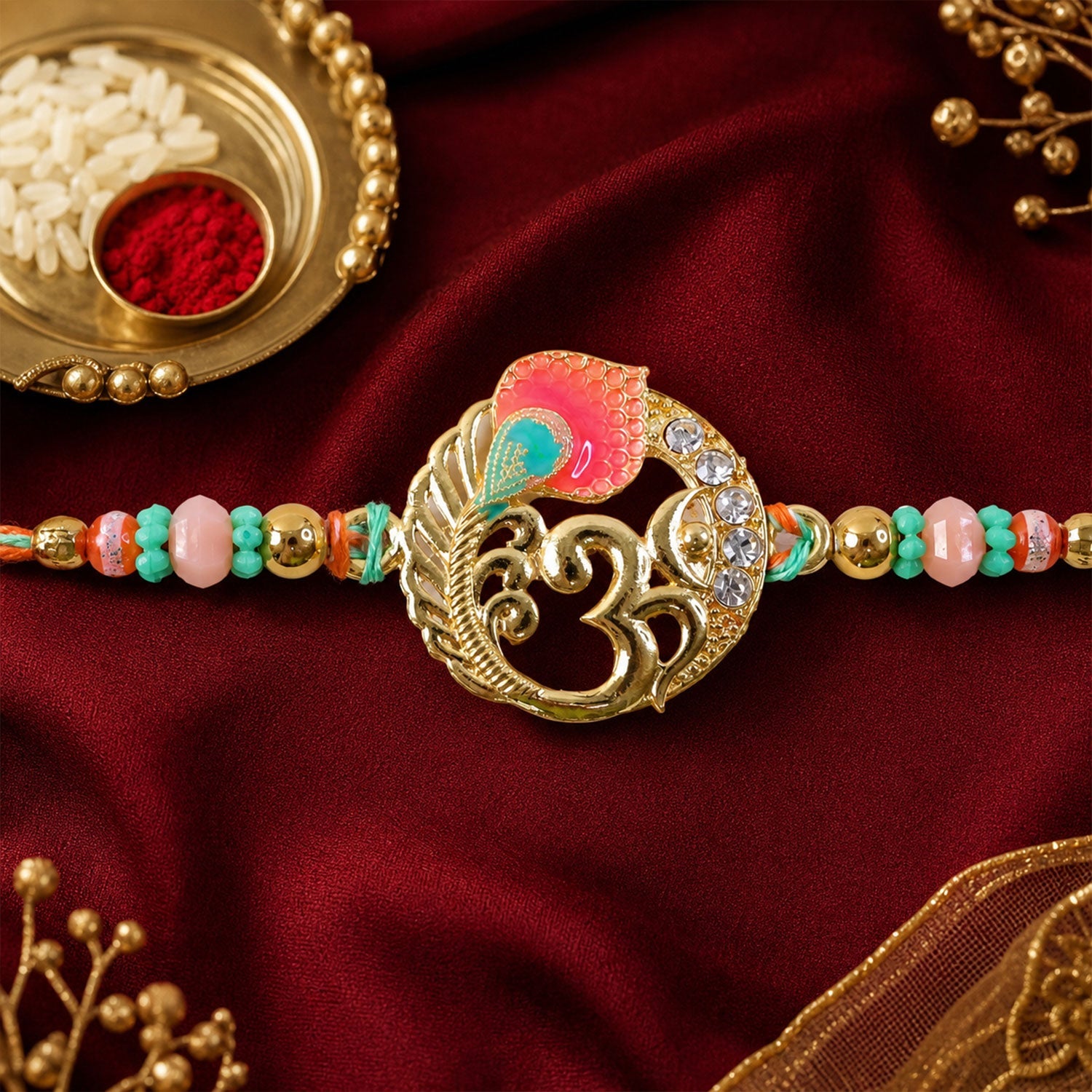 Stylish Golden Beads Rakhi with Stone Work for Brother | Designer Rakhi