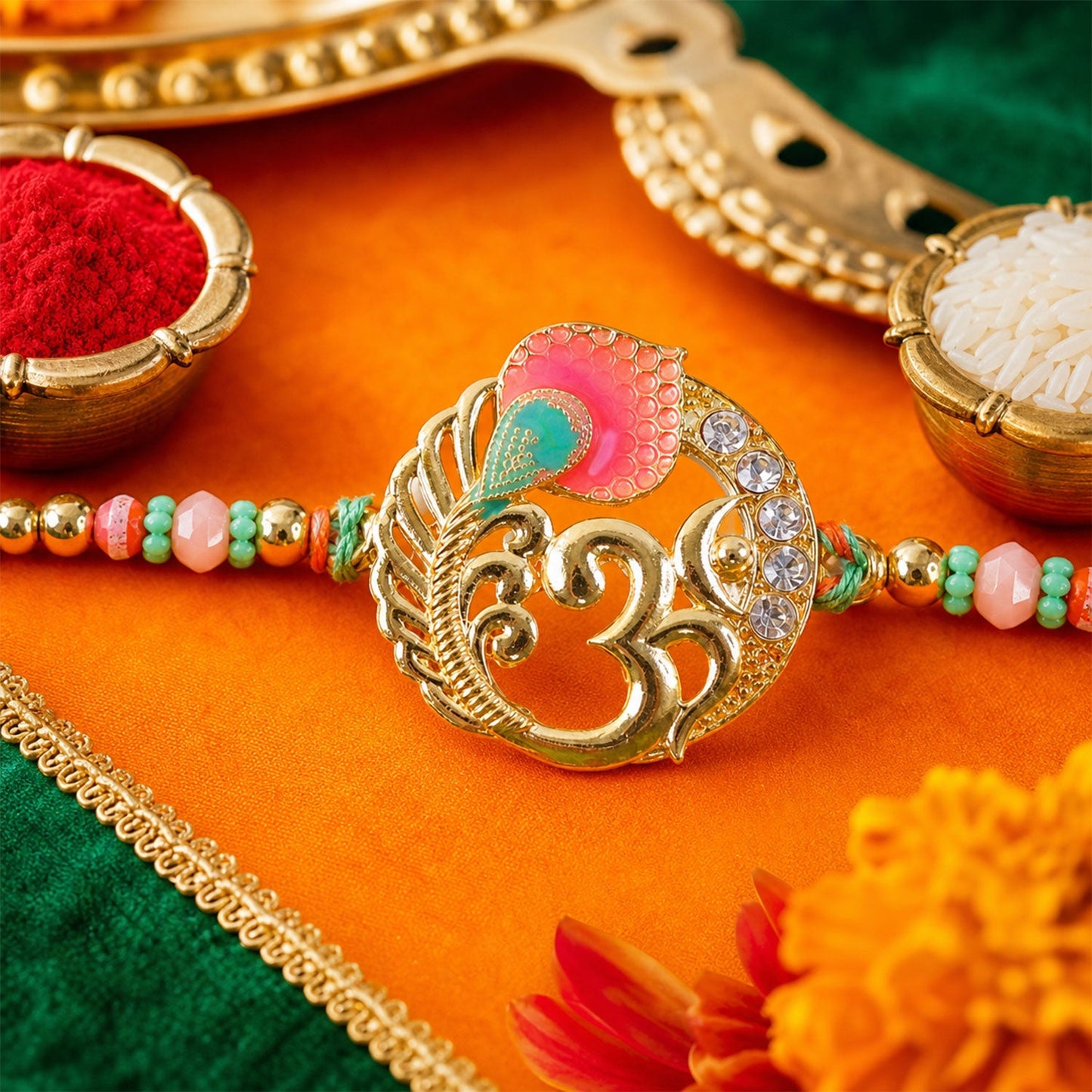 Stylish Golden Beads Rakhi with Stone Work for Brother | Designer Rakhi