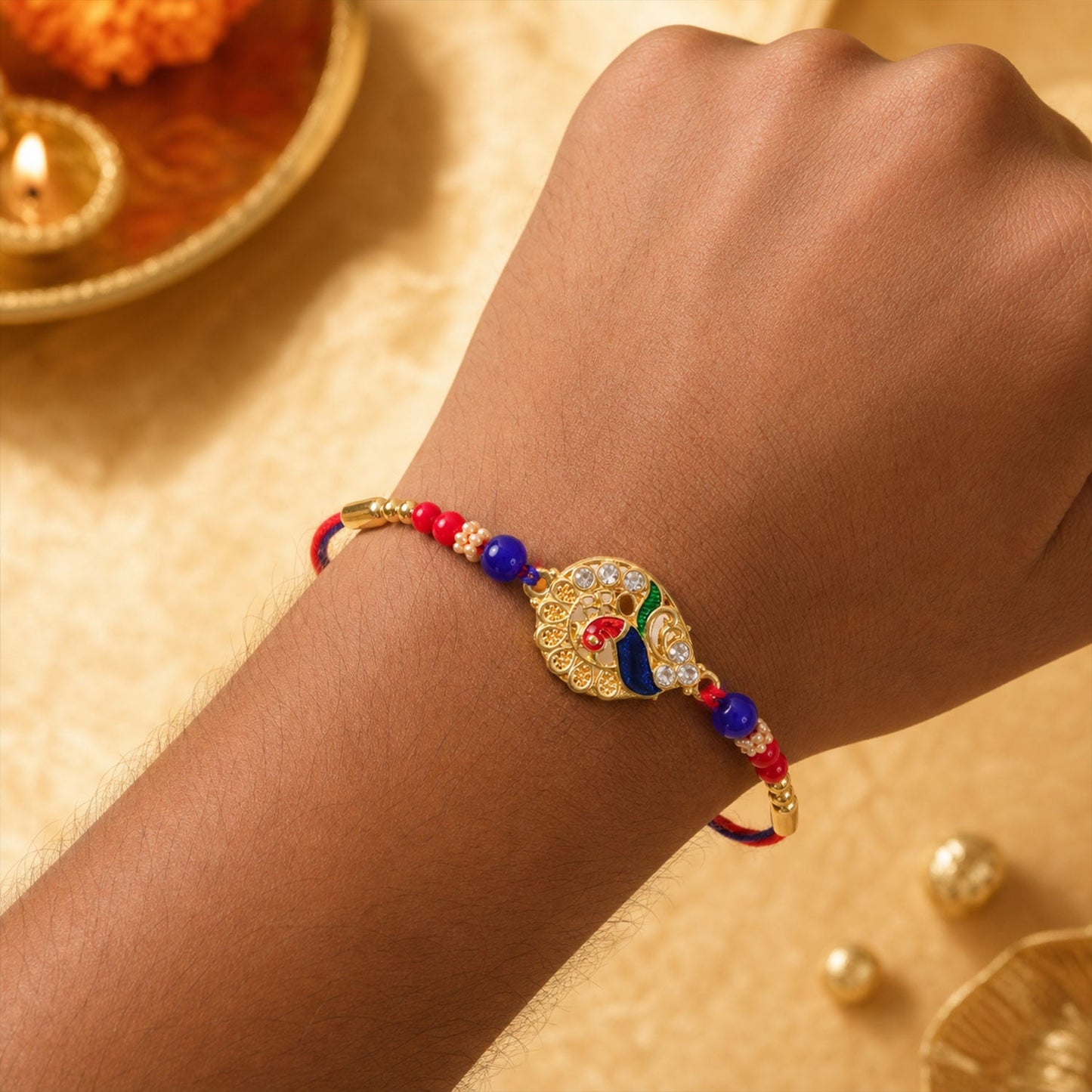 Classic Golden Designer Rakhi with Red Stone for Brother | Traditional Rakhi