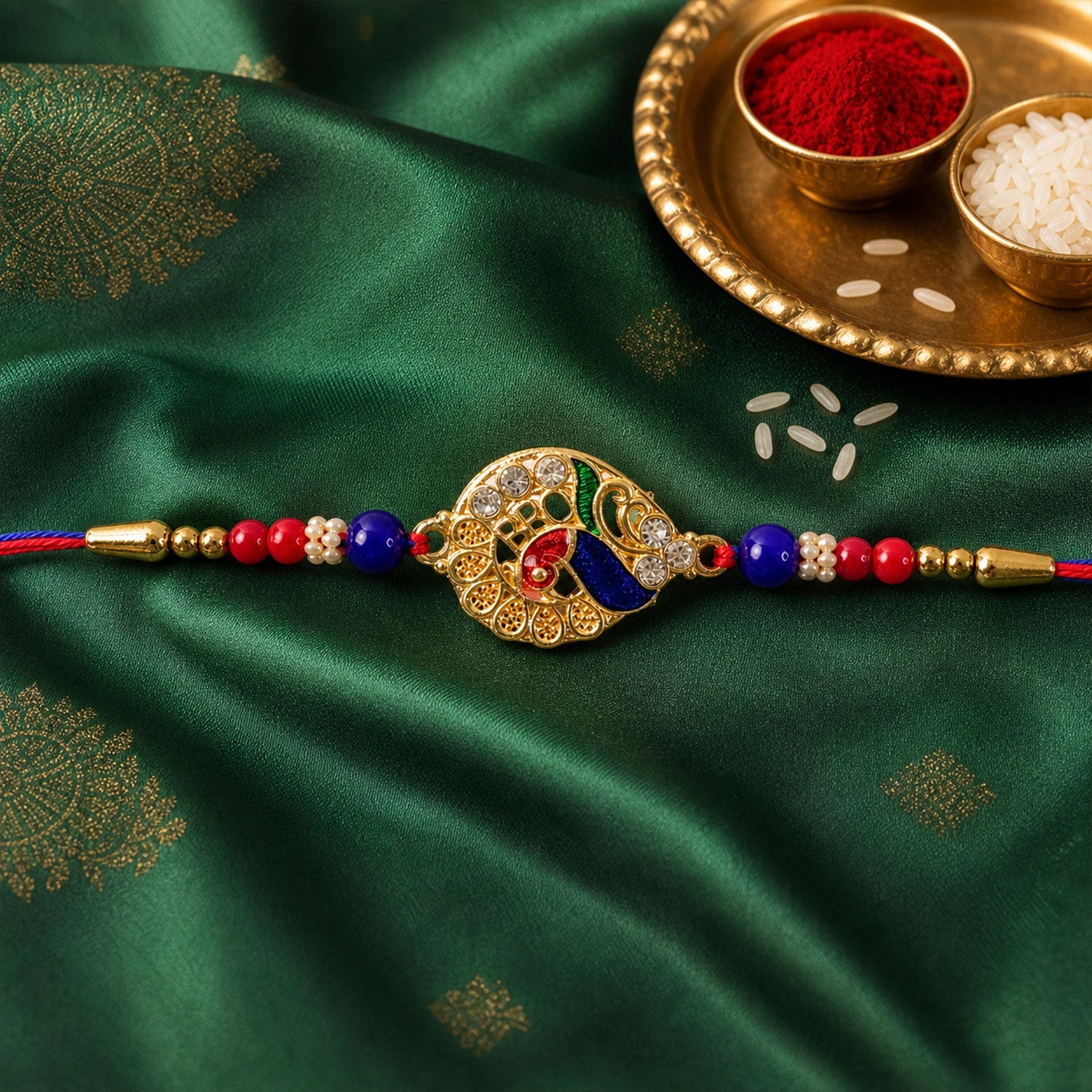 Classic Golden Designer Rakhi with Red Stone for Brother | Traditional Rakhi