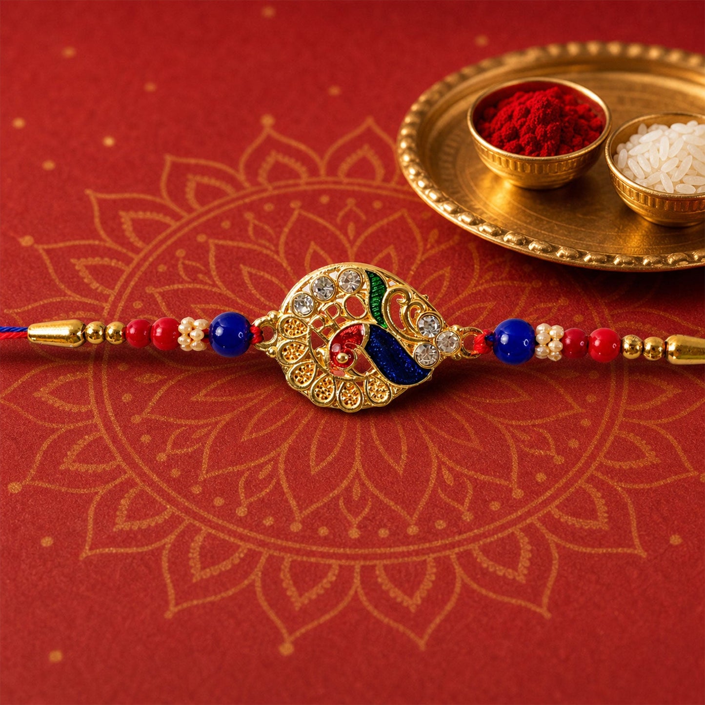 Classic Golden Designer Rakhi with Red Stone for Brother | Traditional Rakhi