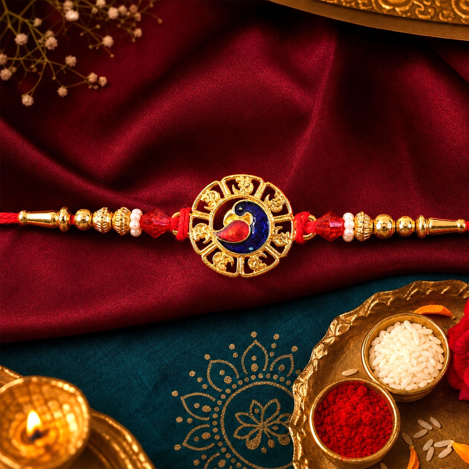 Round Om Peacock Designer Rakhi with Beaded Traditional Detail