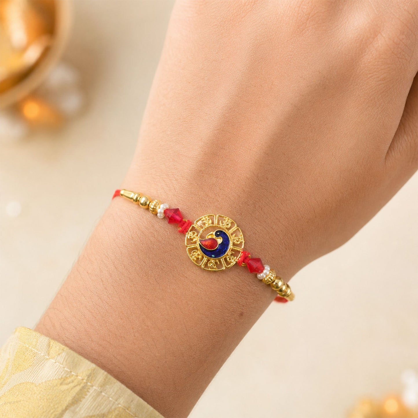 Round Om Peacock Designer Rakhi with Beaded Traditional Detail
