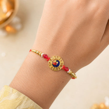 Round Om Peacock Designer Rakhi with Beaded Traditional Detail