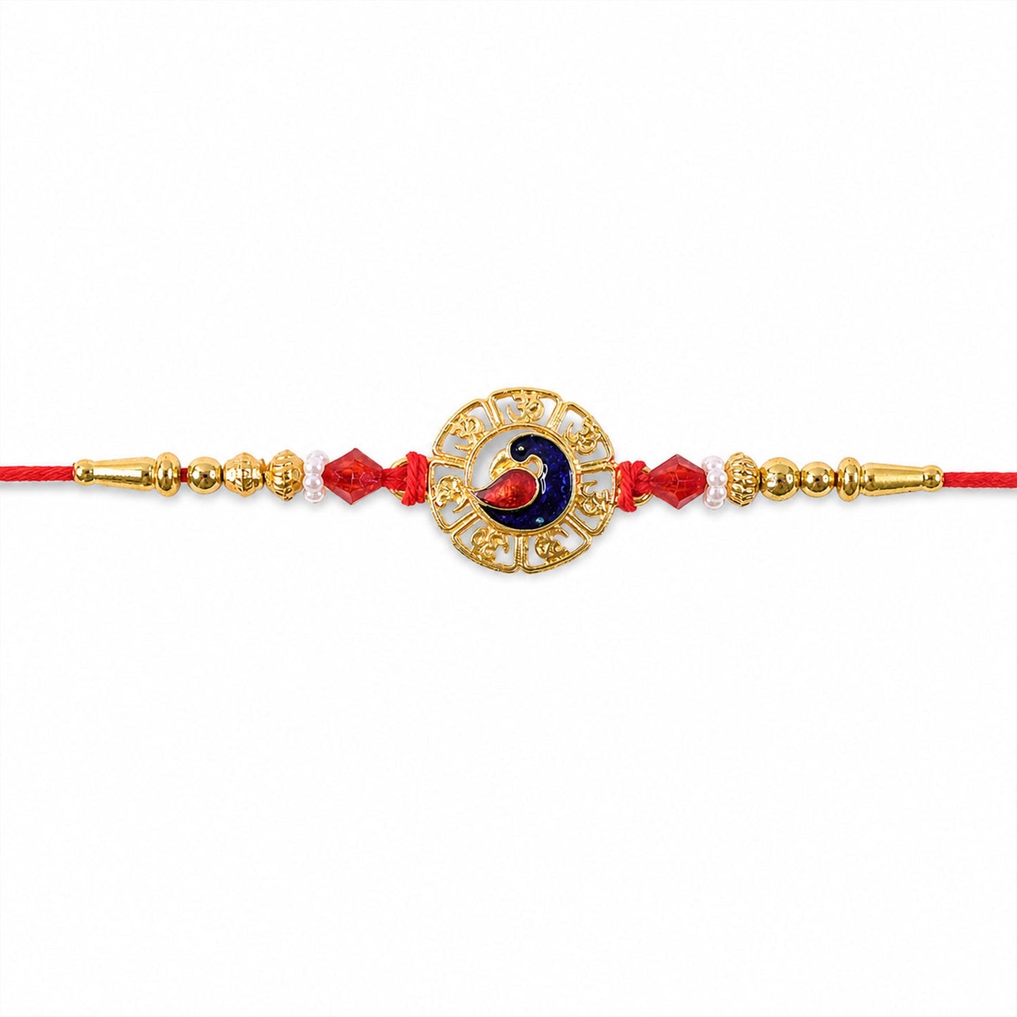 Round Om Peacock Designer Rakhi with Beaded Traditional Detail