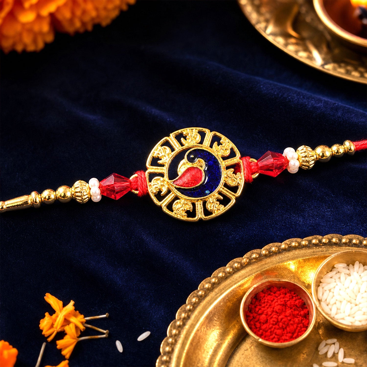Round Om Peacock Designer Rakhi with Beaded Traditional Detail