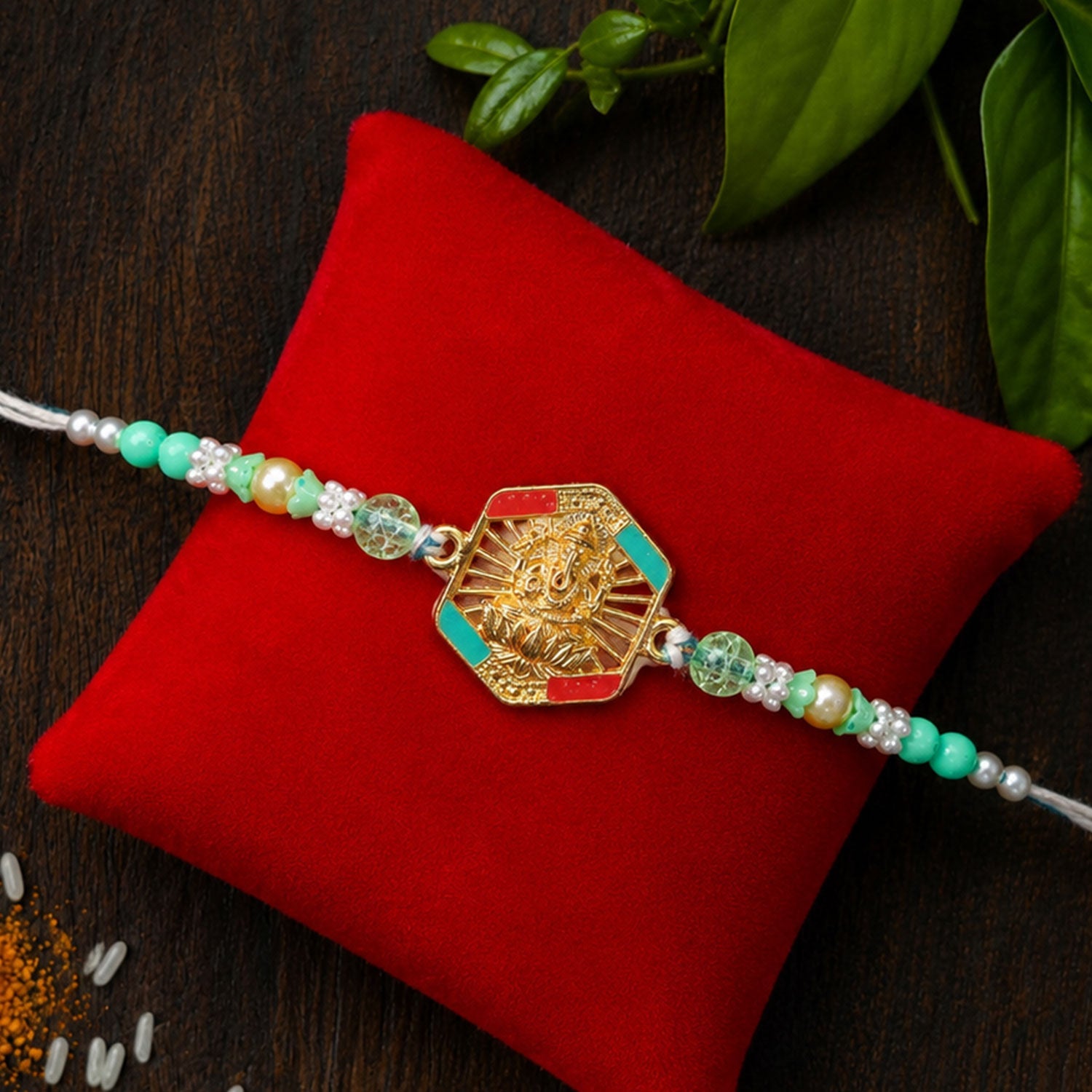 Hexagon Ganesha Designer Rakhi with Pearl Beaded Festive Detail