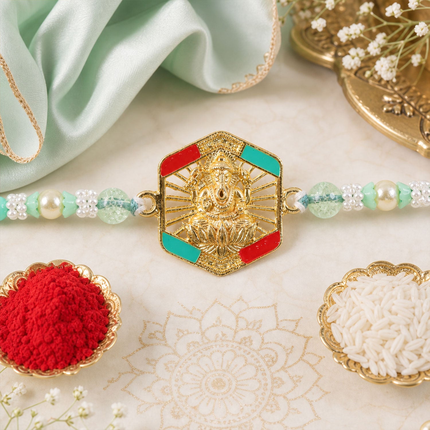Hexagon Ganesha Designer Rakhi with Pearl Beaded Festive Detail