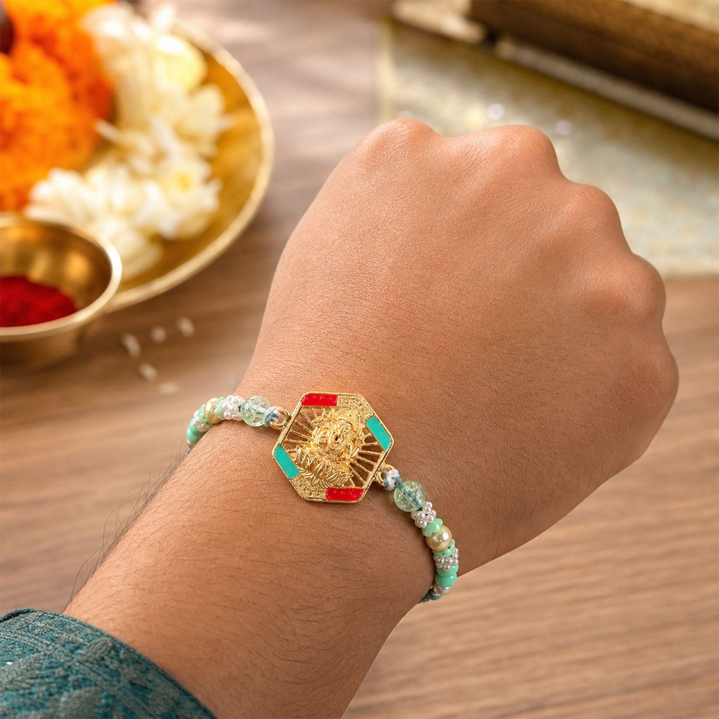 Hexagon Ganesha Designer Rakhi with Pearl Beaded Festive Detail