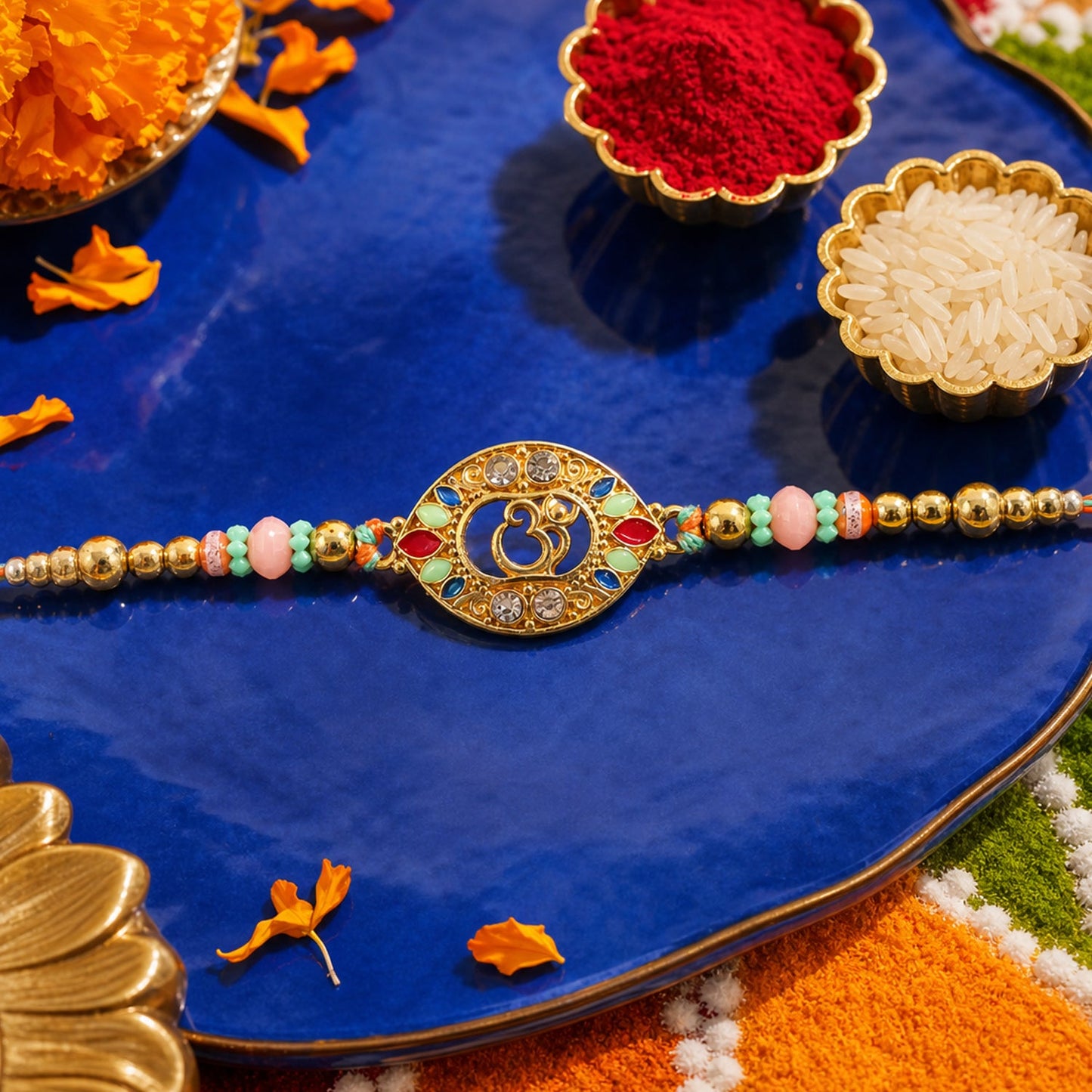 Round Om Designer Rakhi with Pearl Beaded Festive Detail