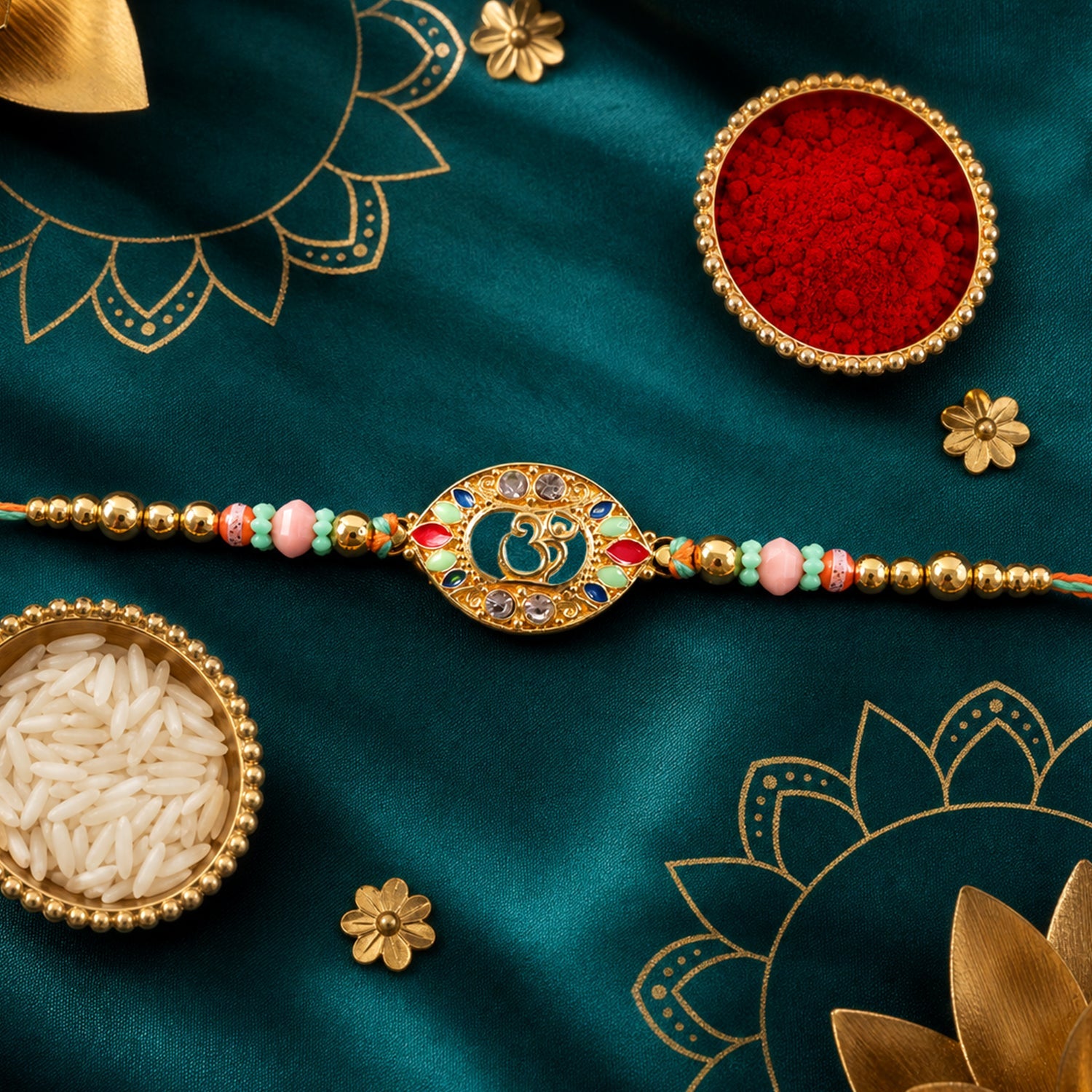 Round Om Designer Rakhi with Pearl Beaded Festive Detail