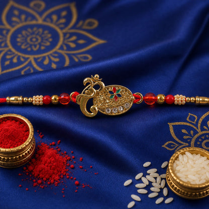 Stylish Om Shape Kundan Designer Rakhi with Beaded Festive Detail