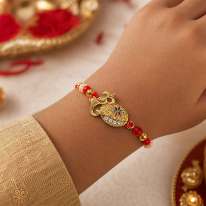 Stylish Om Shape Kundan Designer Rakhi with Beaded Festive Detail