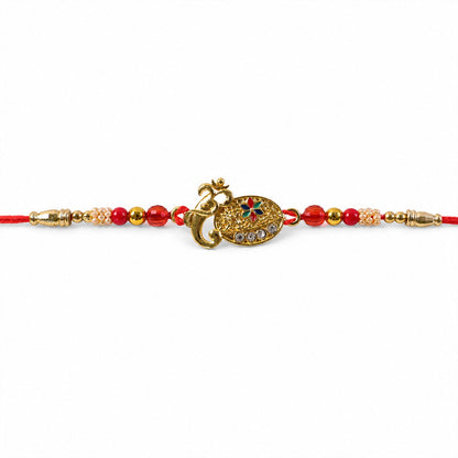 Stylish Om Shape Kundan Designer Rakhi with Beaded Festive Detail