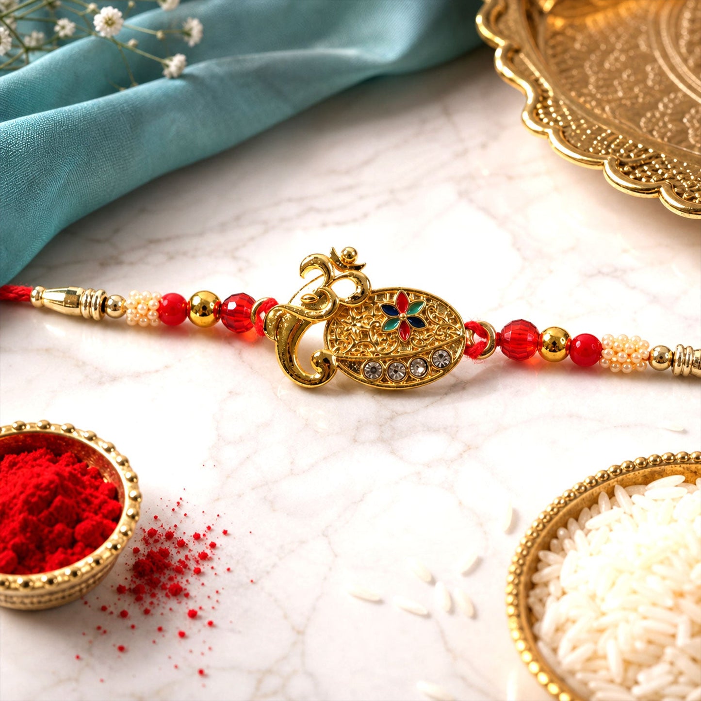 Stylish Om Shape Kundan Designer Rakhi with Beaded Festive Detail