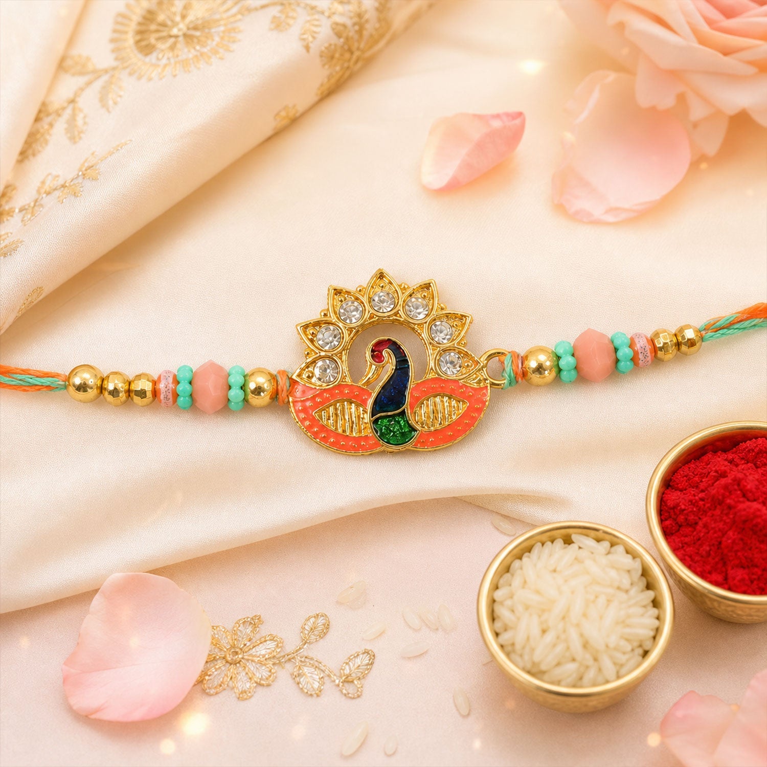 Peacock Kundan Designer Rakhi with Pearl Beaded Festive Detail