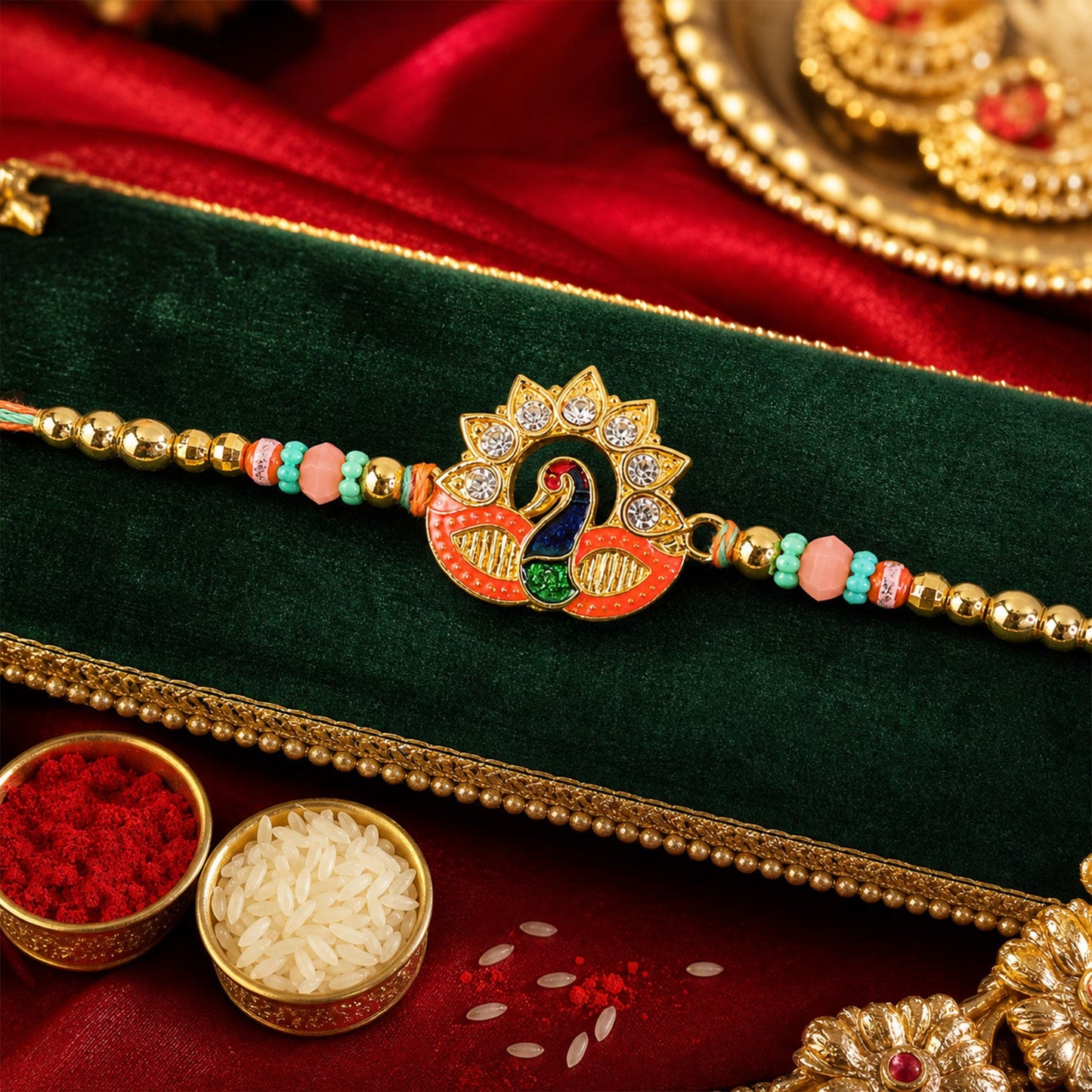 Peacock Kundan Designer Rakhi with Pearl Beaded Festive Detail